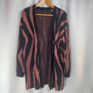 Tahari Womens Size Small Open Front Cardigan Sweater Black Pink Animal Print
